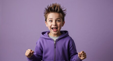 Excited young Caucasian boy with spiky hair wearing tshirt on plain grey background