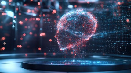 Poster - Digital AI art forms swirl around a minimalist tech podium, glowing with neural network designs in a futuristic display.
