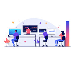 Teamwork develop social media content vector illustration. Cartoon flat tiny developer designer people team working on creative webpage, news portal or information website. Web development background