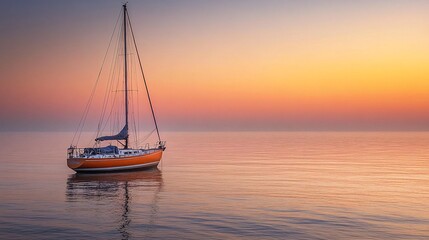 Wall Mural - A sailboat sits on a calm, still lake with a beautiful sunrise in the background.