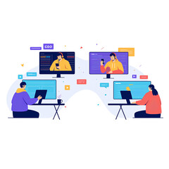 Teamwork develop social media content vector illustration. Cartoon flat tiny developer designer people team working on creative webpage, news portal or information website. Web development background