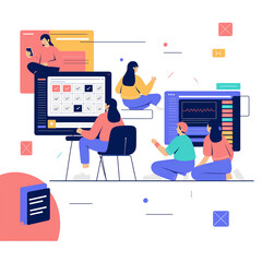 Teamwork develop social media content vector illustration. Cartoon flat tiny developer designer people team working on creative webpage, news portal or information website. Web development background