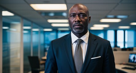 Wall Mural - Focused middleaged Black man wearing a business suit in a corporate office