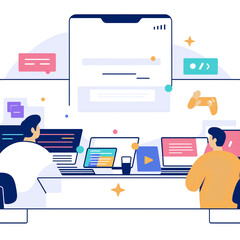 Teamwork develop social media content vector illustration. Cartoon flat tiny developer designer people team working on creative webpage, news portal or information website. Web development background