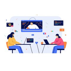 Teamwork develop social media content vector illustration. Cartoon flat tiny developer designer people team working on creative webpage, news portal or information website. Web development background