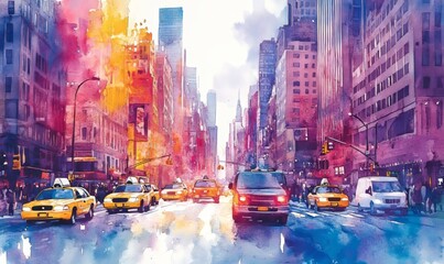 Watercolor of vibrant city streets pulsate with energy, a tapestry of colors and sounds that ignite the senses. Generative AI