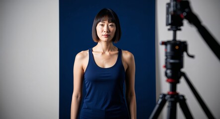 Focused young Asian woman with short hair wearing tank top on plain navy blue background