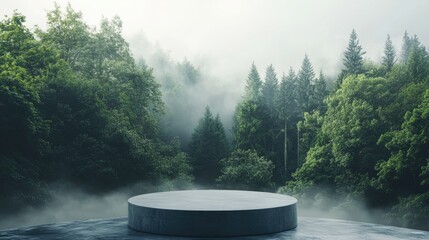 Canvas Print - Modern product placement podium with mist and fog hovering over a lush forest floor, trees fading into the background.