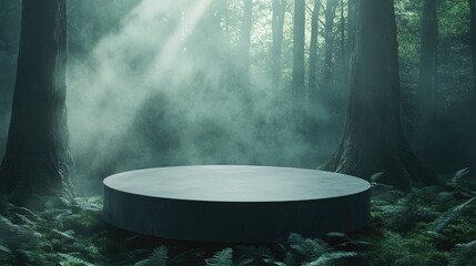 Canvas Print - Modern product placement podium with mist and fog hovering over a lush forest floor, trees fading into the background.