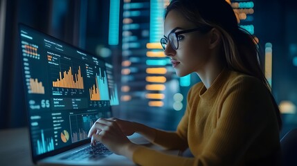 Poster - Woman Analyzing Data Charts on Laptop Computer