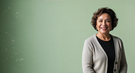 Wall Mural - Happy middleaged Hispanic woman with short curly hair wearing cardigan on plain light green background