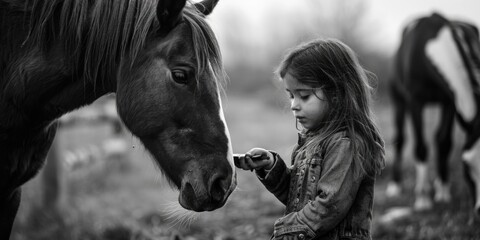 A young girl stands beside a majestic horse