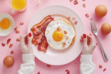 A person holds a plate with bacon and an egg, ready for breakfast