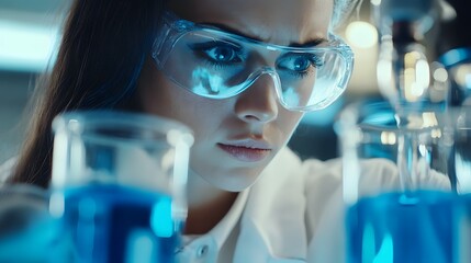Poster - close-up of a woman scientist's face in a laboratory setting