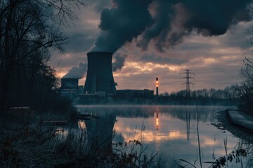 Industrial pollution near a lake or river, with a power plant in the background