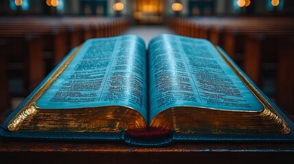 An Open Bible Resting on a Wooden Surface With a Blurred Background of a Church Interior