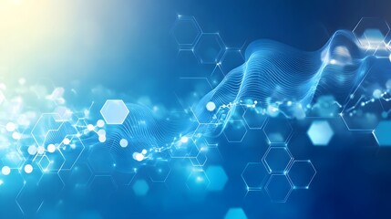 Poster - Abstract Blue Background with Hexagons and Wavy Lines