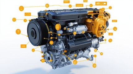 Poster - Detailed Engine Graphic with Annotations and Parts