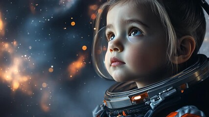 Poster - Young Child Wearing a Space Suit Gazing at a Cosmic Background Generative AI