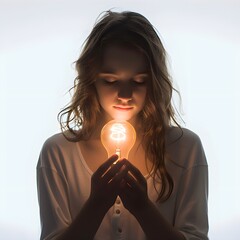 Poster - Girl Holding Light Bulb with Soft Glow