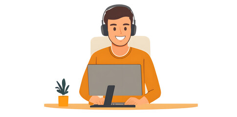 Canvas Print - Young man working in customer service wearing a headset flat illustration isolated on background