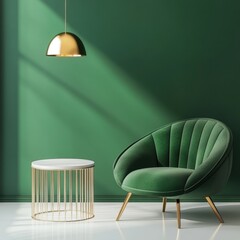 Poster - A green velvet chair with a white round table and a golden pendant lamp against the backdrop of an emerald wall, a modern interior design of a living room.