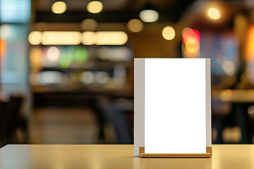 Close-up of a white, blank card standing on a table in a coffee shop. The background is blurry with bokeh lights. Created with Ai