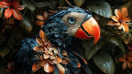 Canvas Print - A Vibrant Parrot Amidst Lush Tropical Foliage