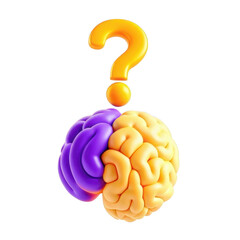 A 3D model of a brain split into two colorful halves, purple and yellow, with a question mark above, suggesting curiosity or inquiry about the mind.