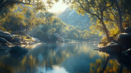 Poster - Serene River Landscape with Sunlight Reflections