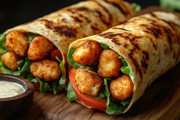 Wall Mural - Two grilled wraps filled with crispy chicken, lettuce, and tomato.