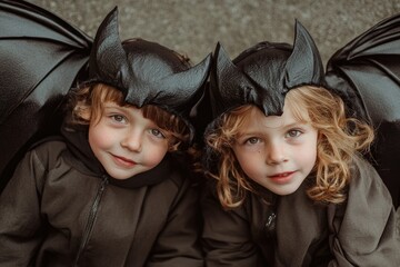 retrato de dos niños vestidos de murciélagos para halloween en la calle.