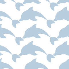 Wall Mural - Dolphin. Gray sea mammal. Endless vector pattern. Repeating ornament of diving sea mammals. Isolated colorless background. Flat style. Ocean inhabitant with fins and tail. Web design idea.