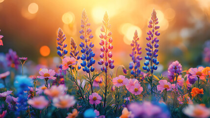 Wall Mural - orange purple blue flowers over greenery meadow banner background