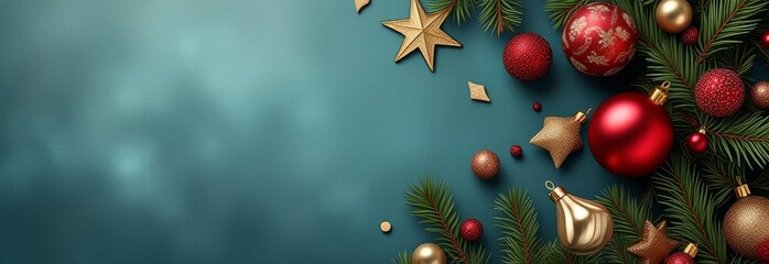 Banner for a sea green postcard with New Year and Christmas decorations