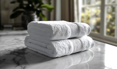 Two neatly folded white towels on a marble surface.