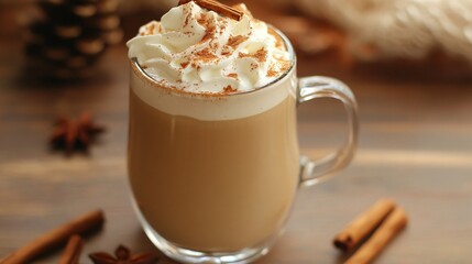 Poster - A glass of coffee with whipped cream and cinnamon on a wooden table.