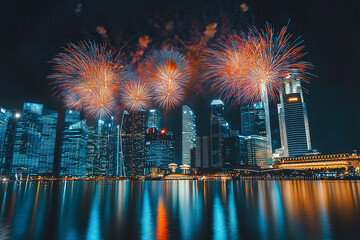 Wall Mural - Colorful Fireworks Show for New Year's Over City Skyline  