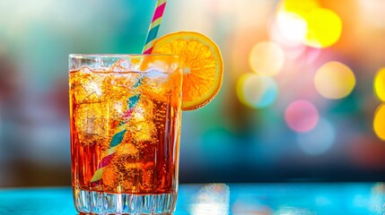 A glass of cold orange soda with ice and a slice of orange.