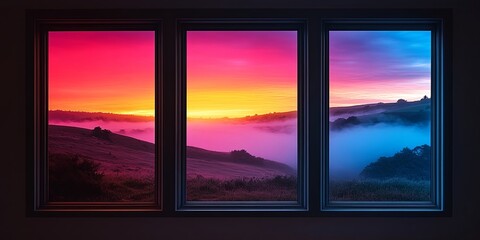 A panoramic view of a fog-filled valley with a vibrant sky seen through three windows in a dark room