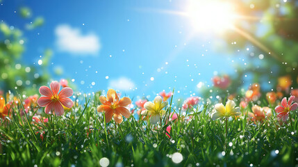 Wall Mural - spring flowers and grass emerging from melting snow