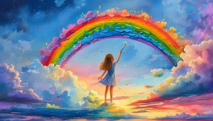 Whimsical girl painting a vibrant rainbow across a serene sky canvas in a lifelike artistic scene