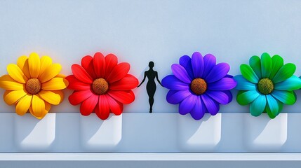 Canvas Print - Woman is standing in front of a wall of flowers. The flowers are in different colors and are arranged in vases. flowers in 3D with a ballerina shadow silhouette in the center behind the flowers,