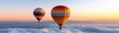 © AImagine Designs - Sky scene with floating hot air balloons concept. Two vibrant hot air balloons gracefully float above clouds during a breathtaking sunset, embodying freedom and adventure