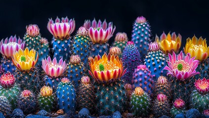 Wall Mural - Vibrant collection of blooming cacti in various colors.