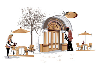 Sticker - Series of the street cafes with fashion people, men and women, jazz musicians in the old city, vector illustration. Waiters serve the tables. 