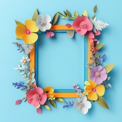 A colorful square frame with flowers on a light blue background.