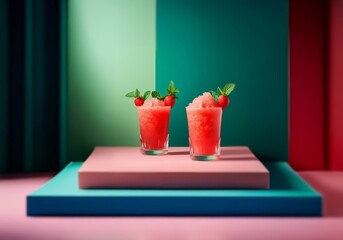 Two glasses filled with a bright red slushy topped with fresh mint and a berry, set on a stack of colorful blocks against a green background.