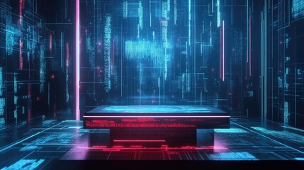 Poster - A sleek, high-tech podium with digital lines and neural network designs glowing around it, AI-driven art displayed.