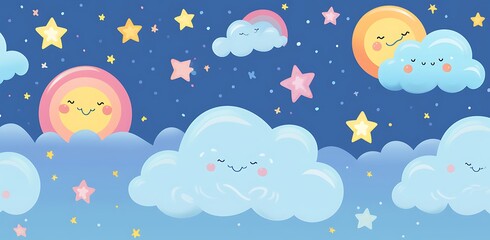 Wall Mural - Whimsical night sky with smiling clouds, stars, and suns.